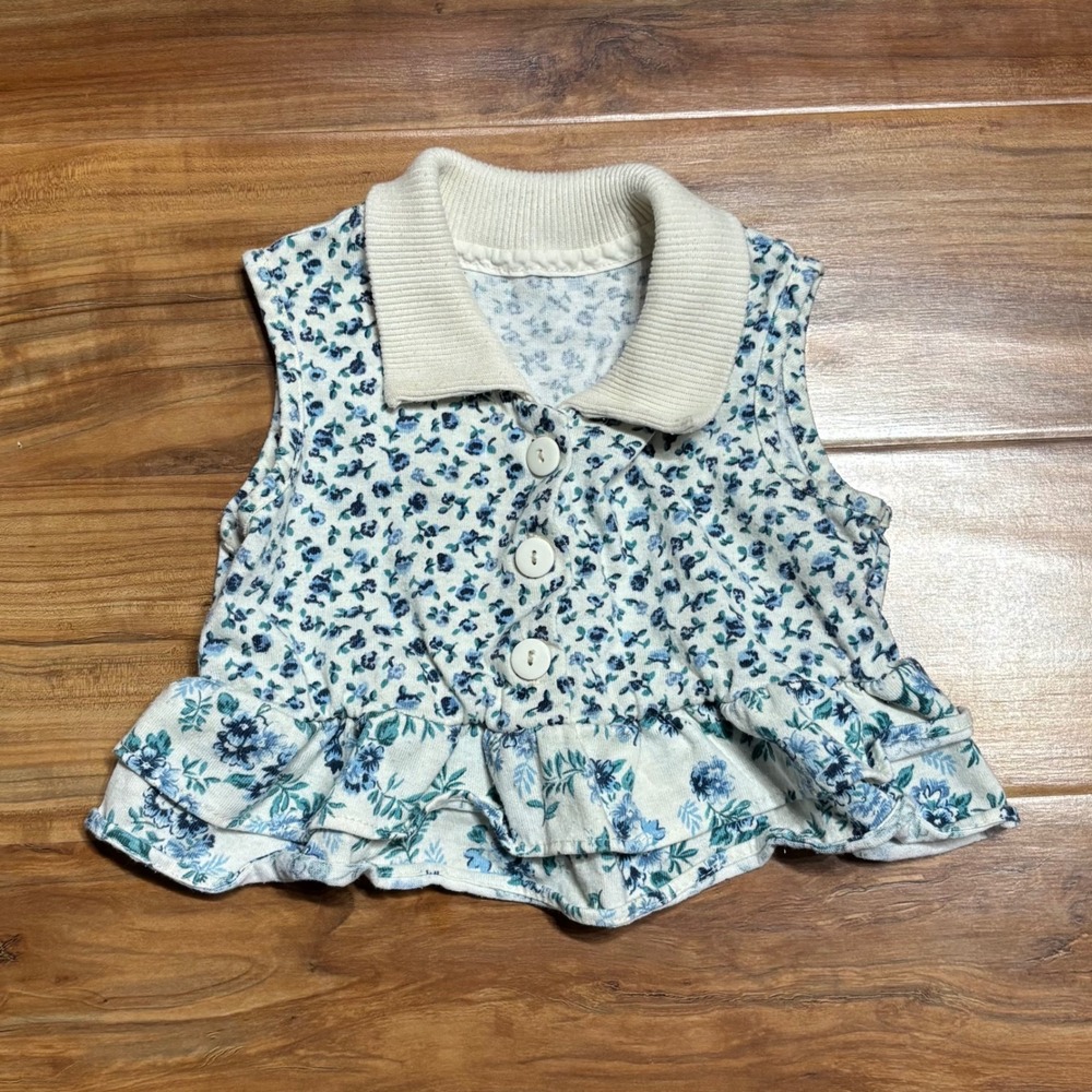 Vintage Evy Kids Floral Vest Top Ruffle Hem‎ Sleeveless Collared Button Up 3T
